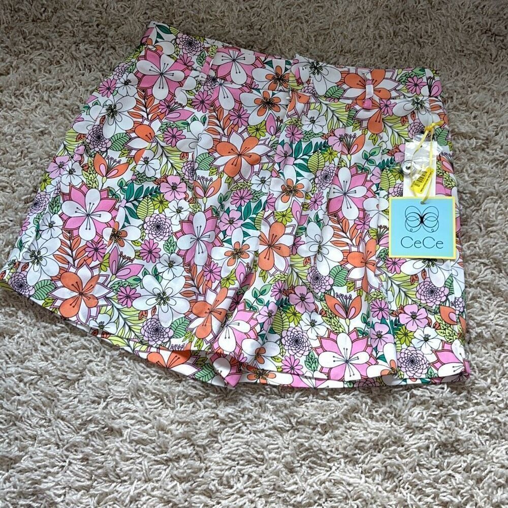 NWT CeCe Women’s White & Pink Floral Print Mid Rise Pockets Lightweight Shorts S